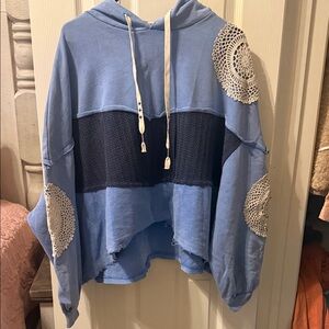 POL Light Blue & Navy Cropped Hoodie with Crochet Patches